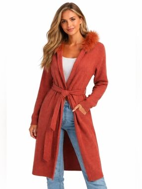 Limelight Peach Knit Open Cardigan with Faux Fur Trim